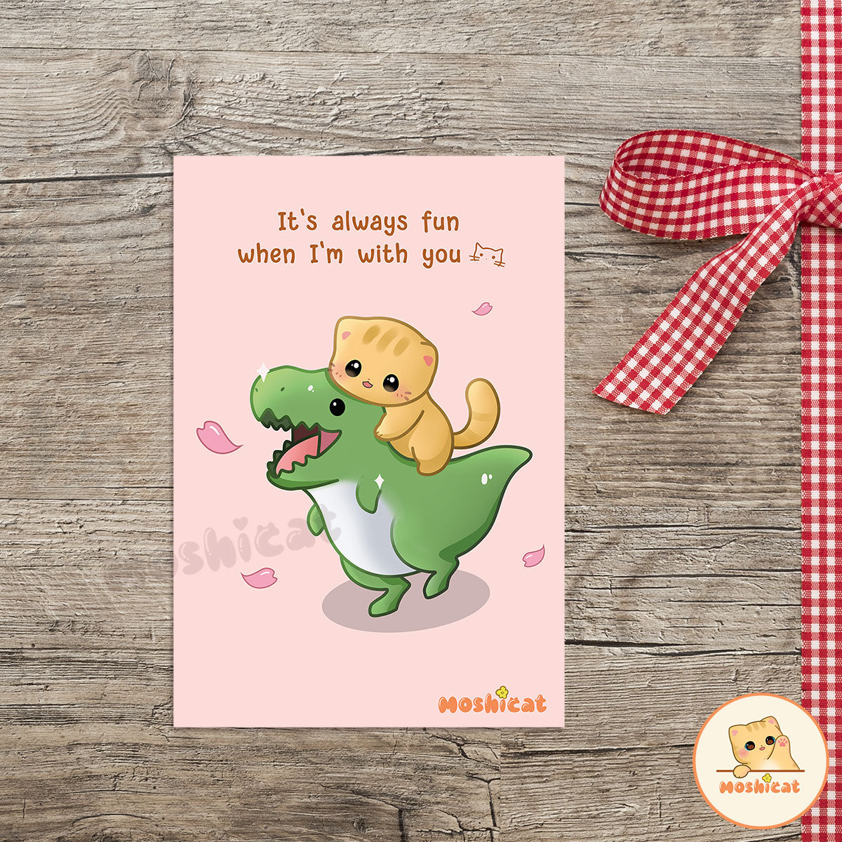 Kitty and dinosaur friend art print (postcard size)