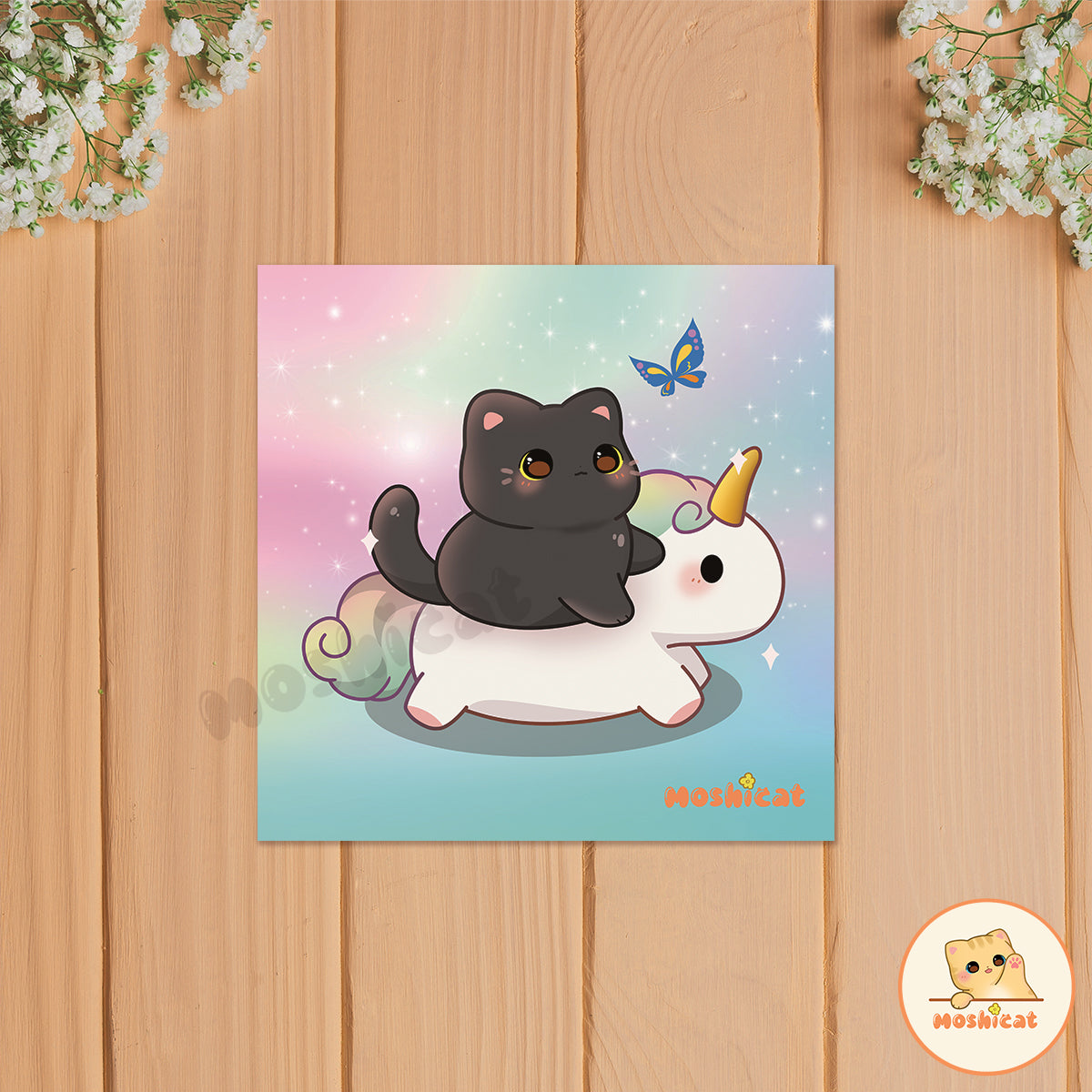 Black kitty and cute unicorn square mini art print