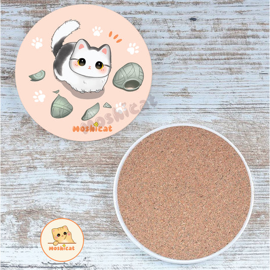 Kitty with broke vase ceramic coaster