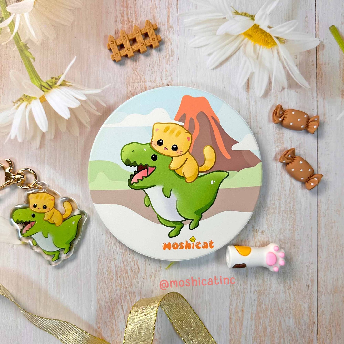 Kitty and dinosaur friend ceramic coaster