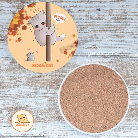 Kitty scared of little mouse ceramic coaster