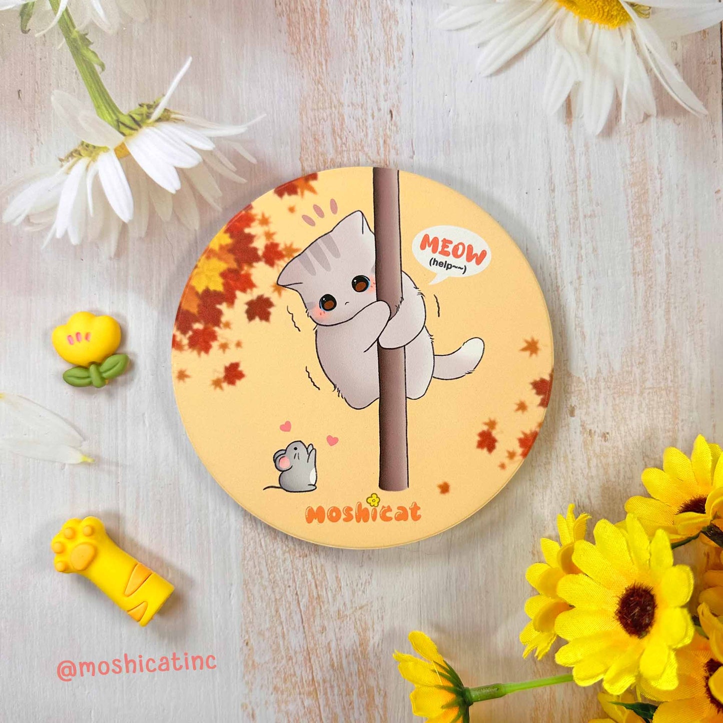 Kitty scared of little mouse ceramic coaster