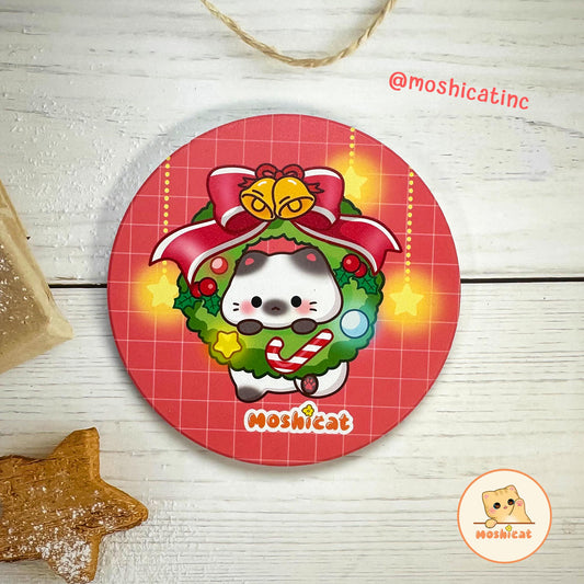 Christmas wreath kitty ceramic coaster