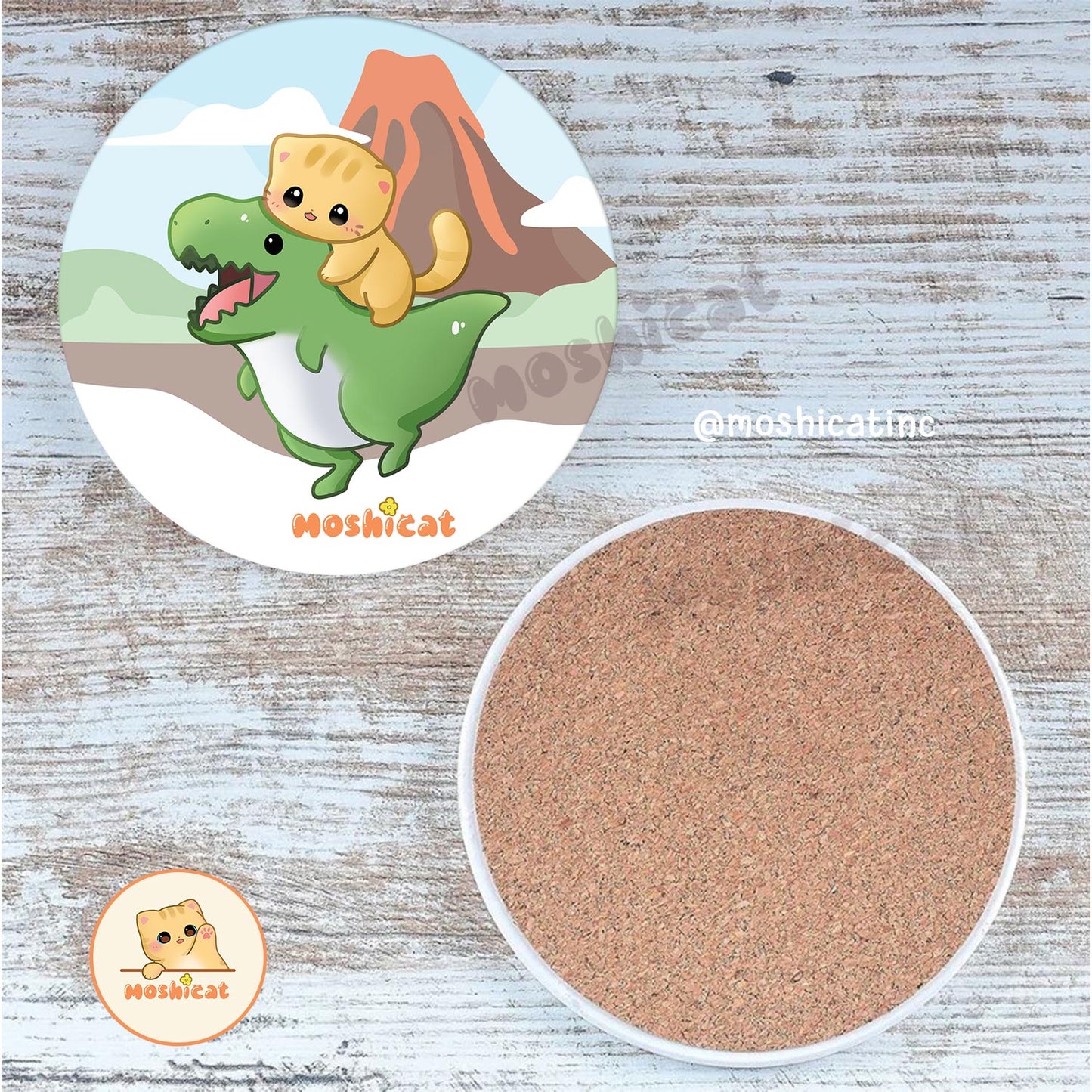 Kitty and dinosaur friend ceramic coaster