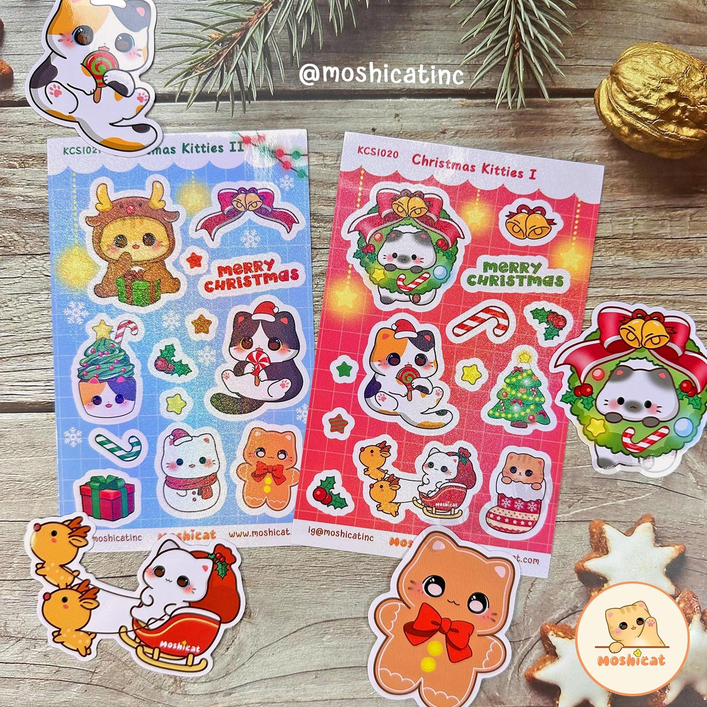 Moshicat Christmas kitties II (blue) glitter sticker sheet