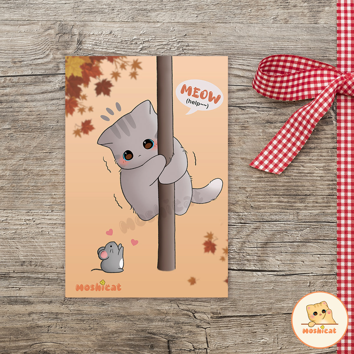 Kitty scared of little mouse art print (postcard size)