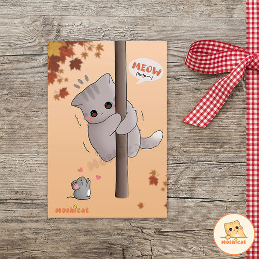 Kitty scared of little mouse art print (postcard size)