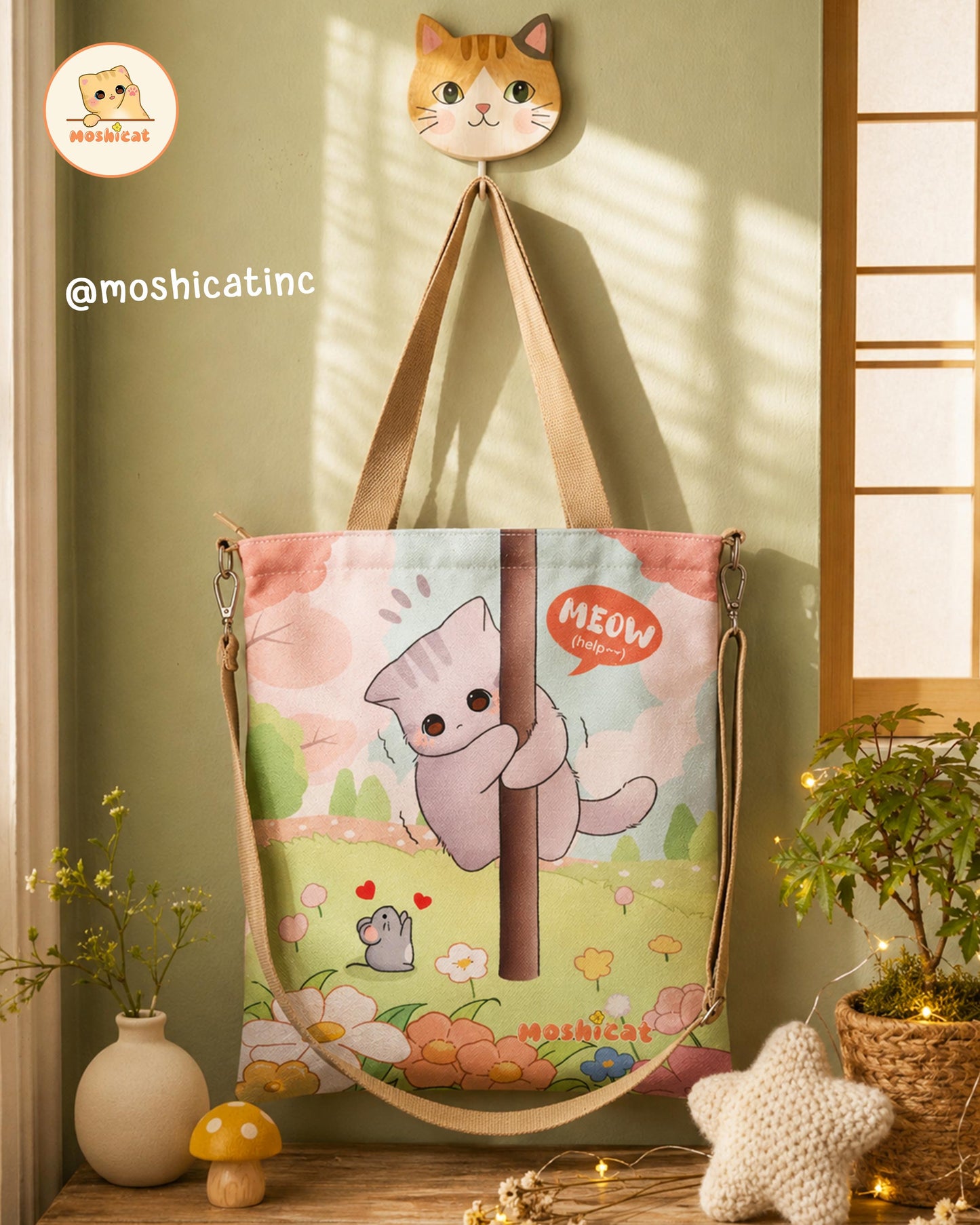Kitty scared of mouse tote / sling dual-way carrying canvas bag