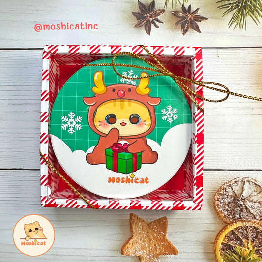 Christmas kitty in reindeer hoodie ceramic coaster