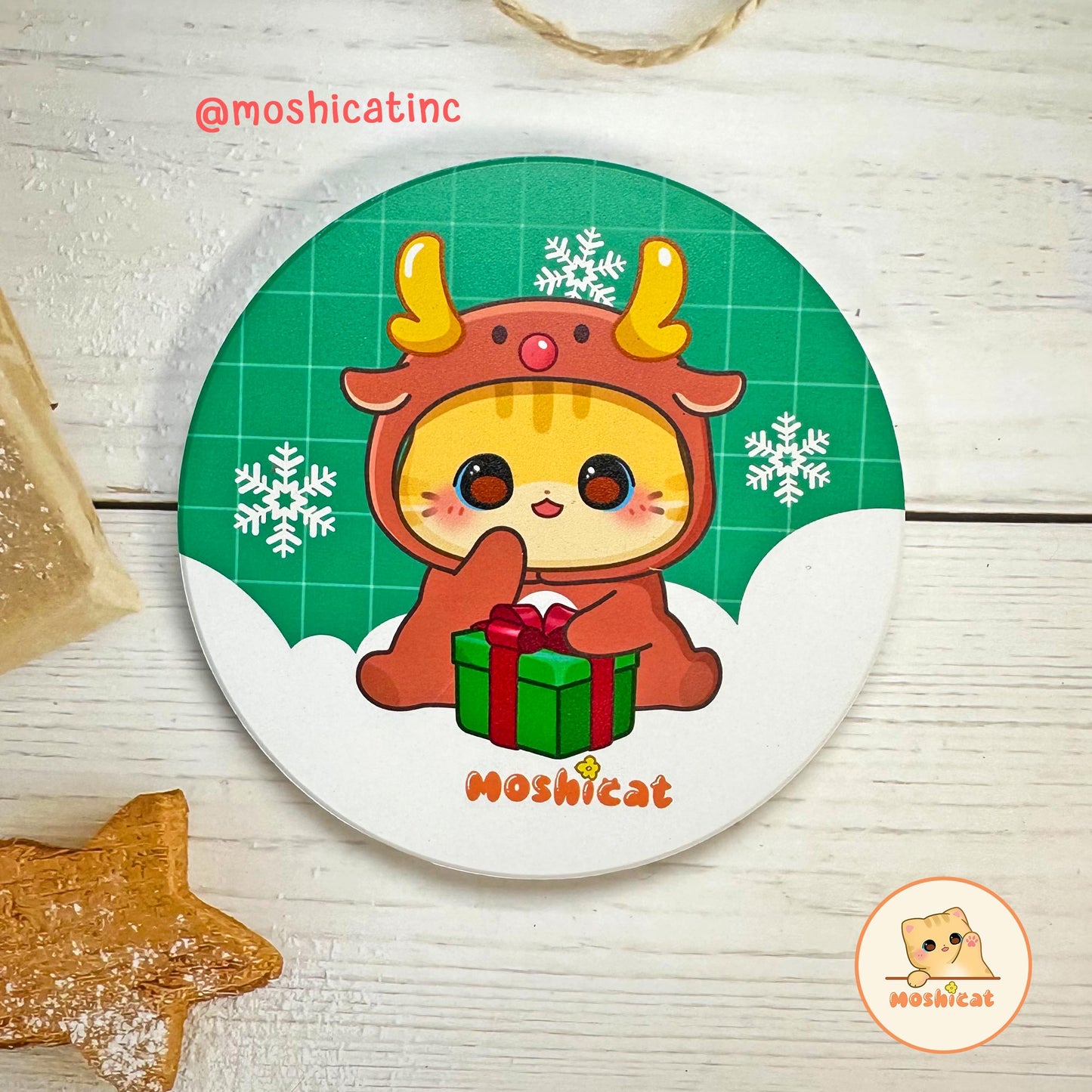 Christmas kitty in reindeer hoodie ceramic coaster