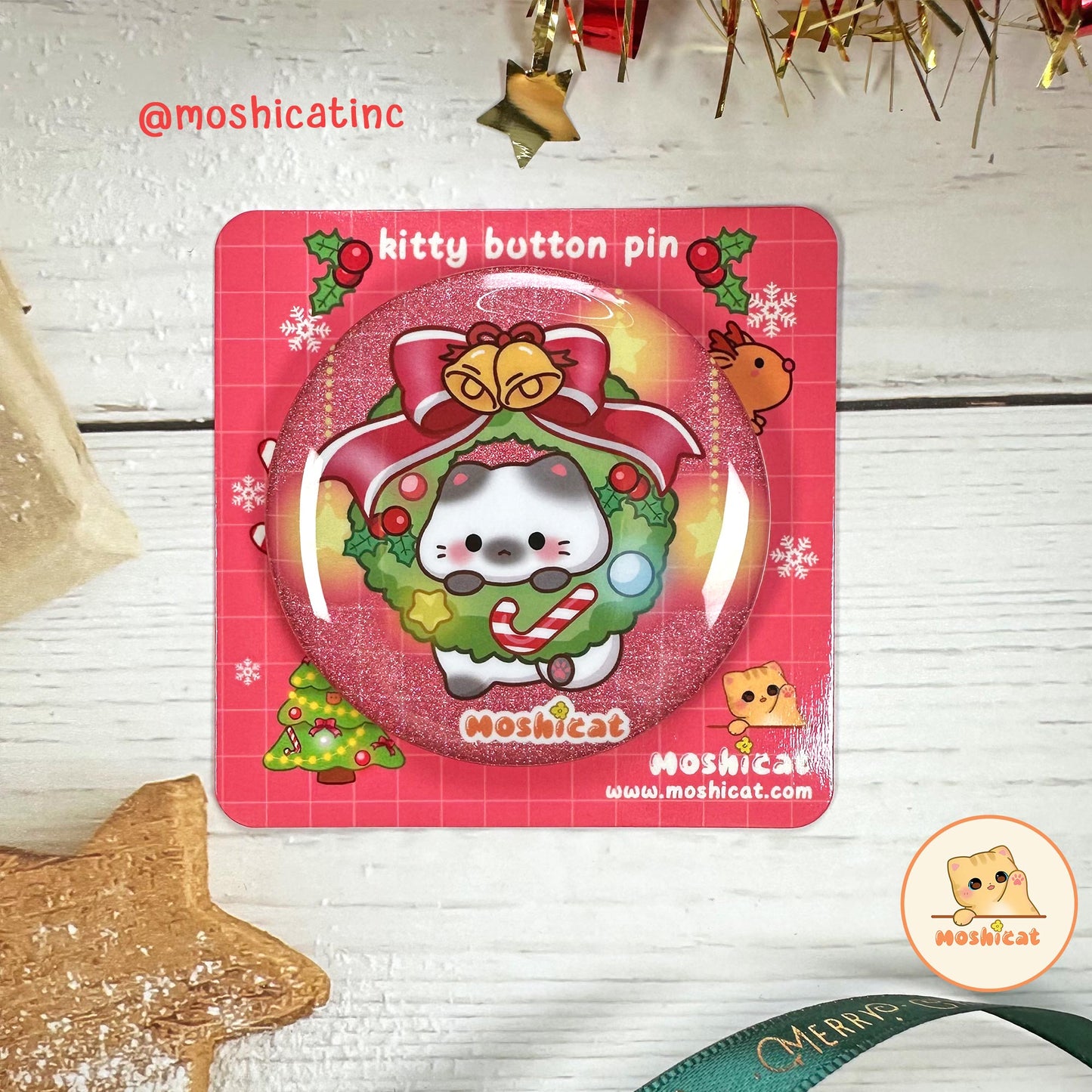Christmas wreath kitty glitter badge / button pin