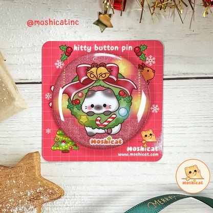 Christmas wreath kitty glitter badge / button pin
