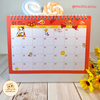 Moshicat year 2026 Cat Table Calendar - Cute Desk Calendar + Monthly Planner