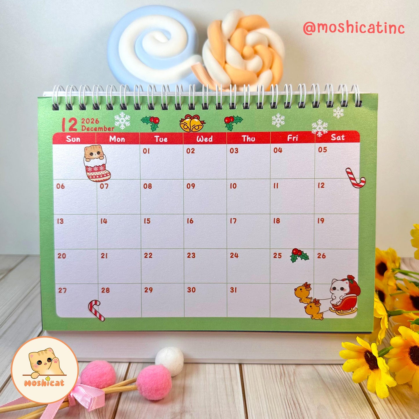 Moshicat year 2026 Cat Table Calendar - Cute Desk Calendar + Monthly Planner