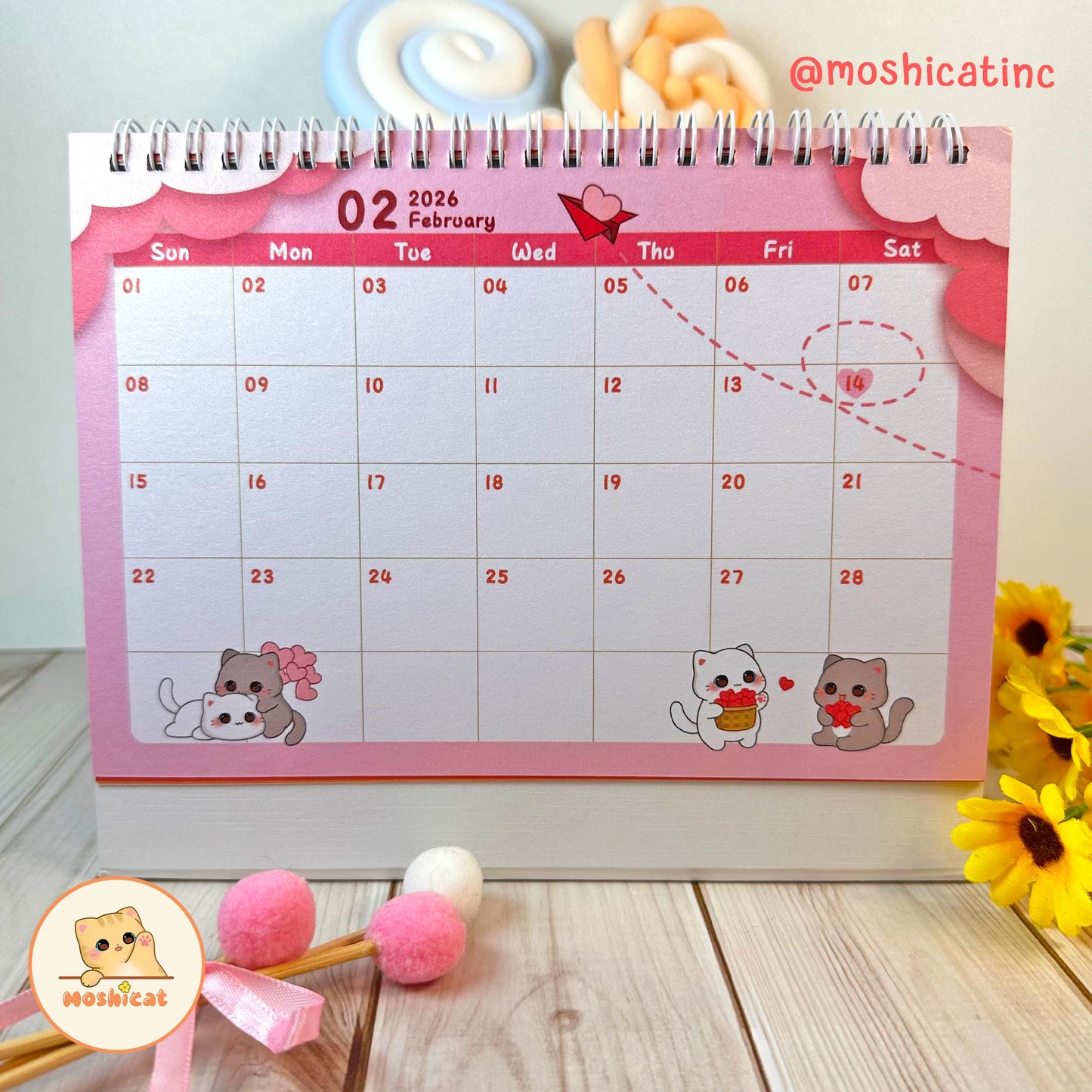 Moshicat year 2026 Cat Table Calendar - Cute Desk Calendar + Monthly Planner