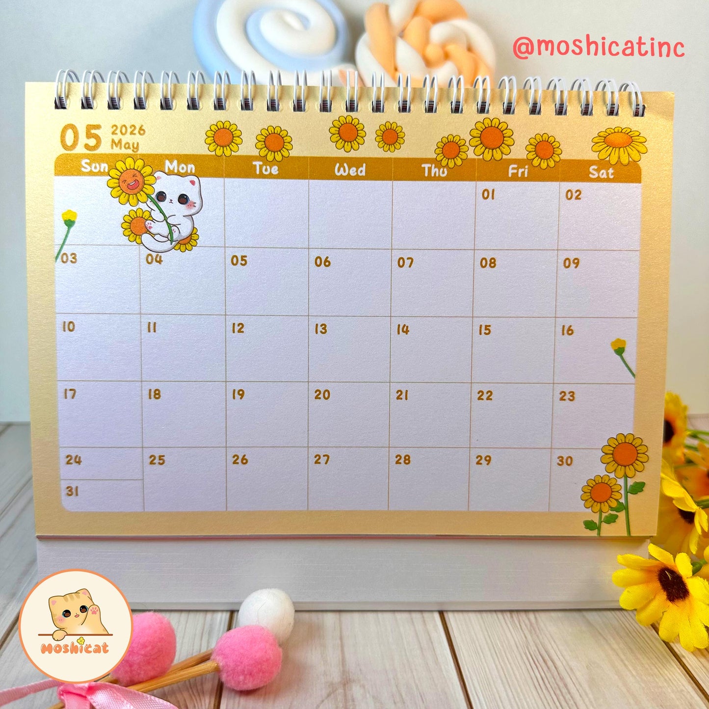 Moshicat year 2026 Cat Table Calendar - Cute Desk Calendar + Monthly Planner