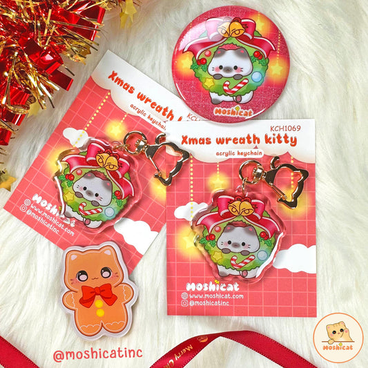 Christmas wreath kitty glitter keychain
