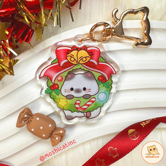 Christmas wreath kitty glitter keychain