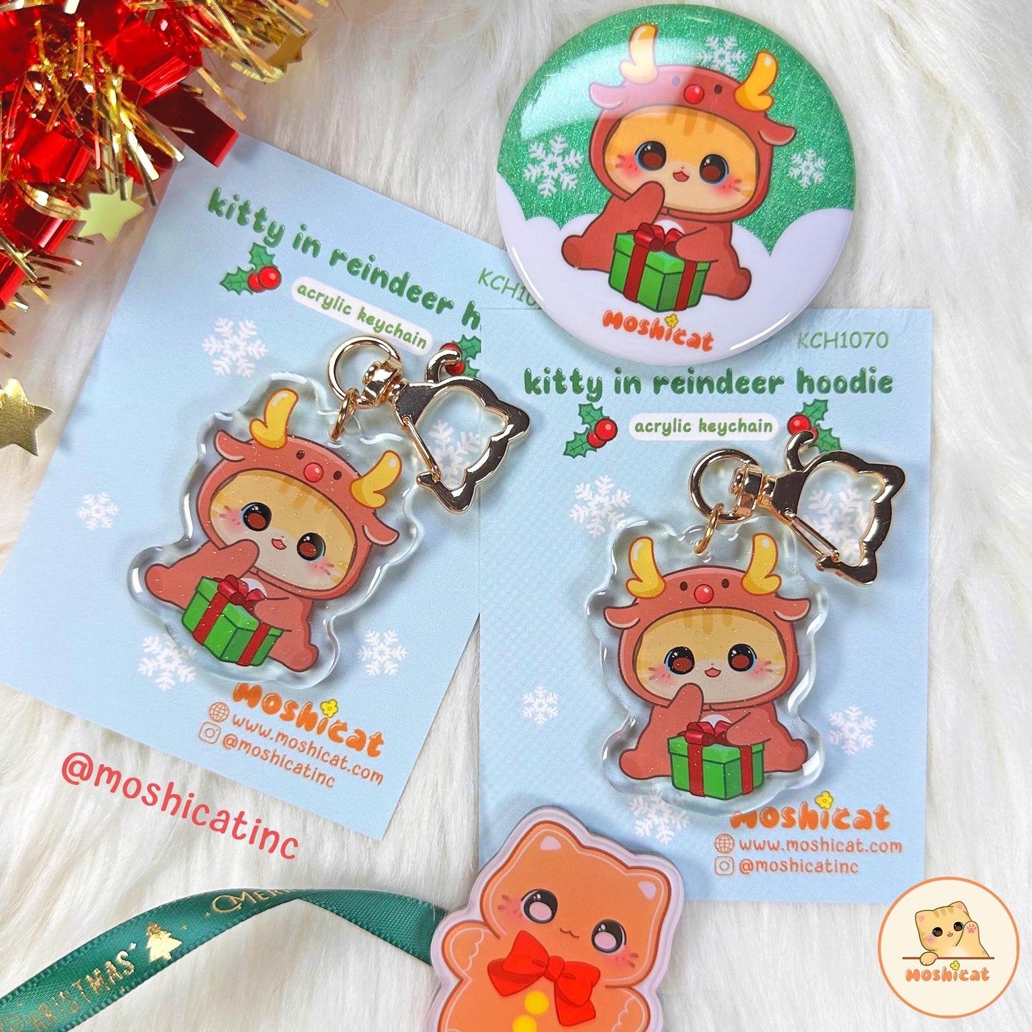 Christmas kitty in reindeer hoodie glitter keychain