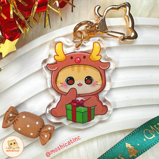 Christmas kitty in reindeer hoodie glitter keychain