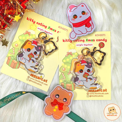 Kitty eating Christmas candy glitter keychain