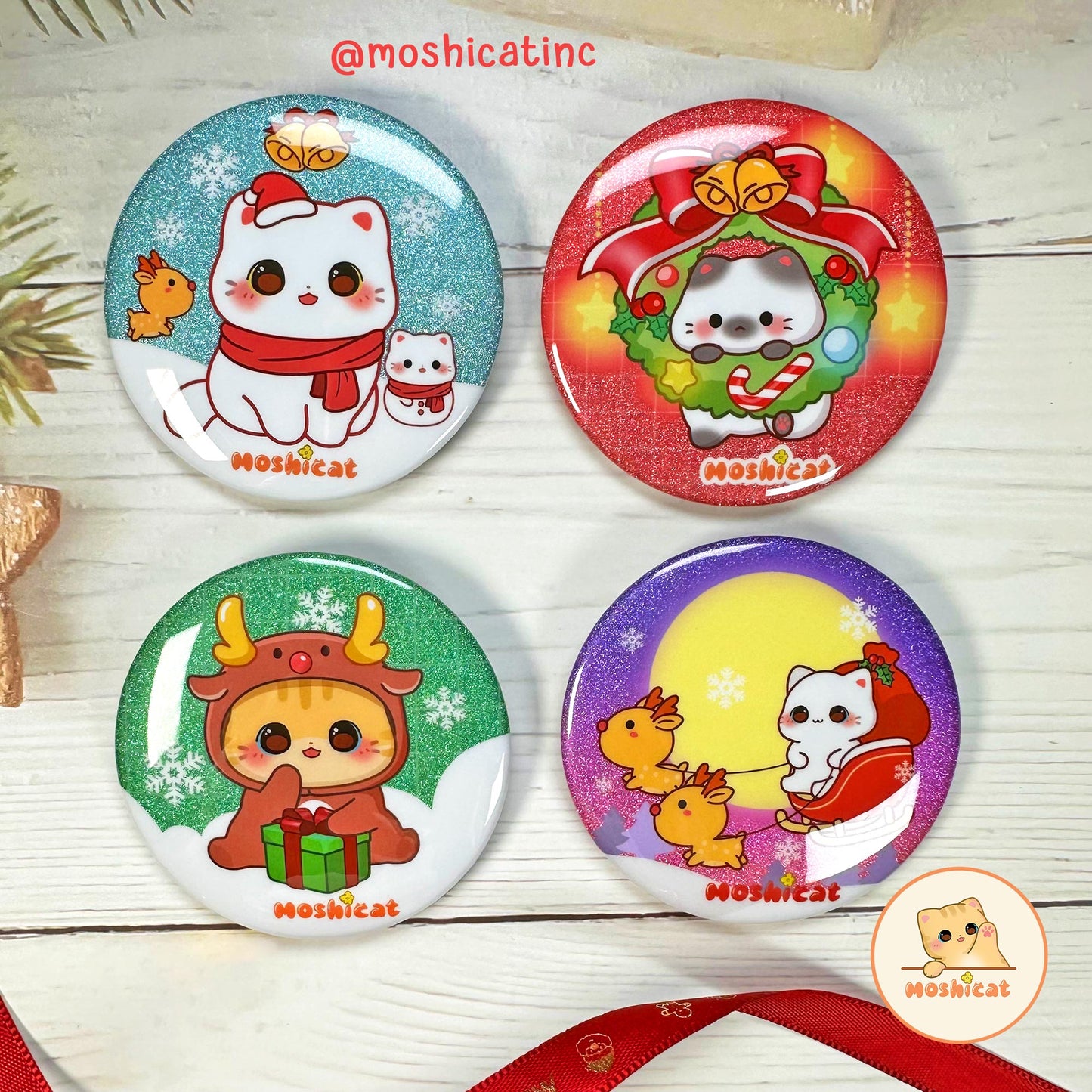 Snow kitty glitter badge / button pin