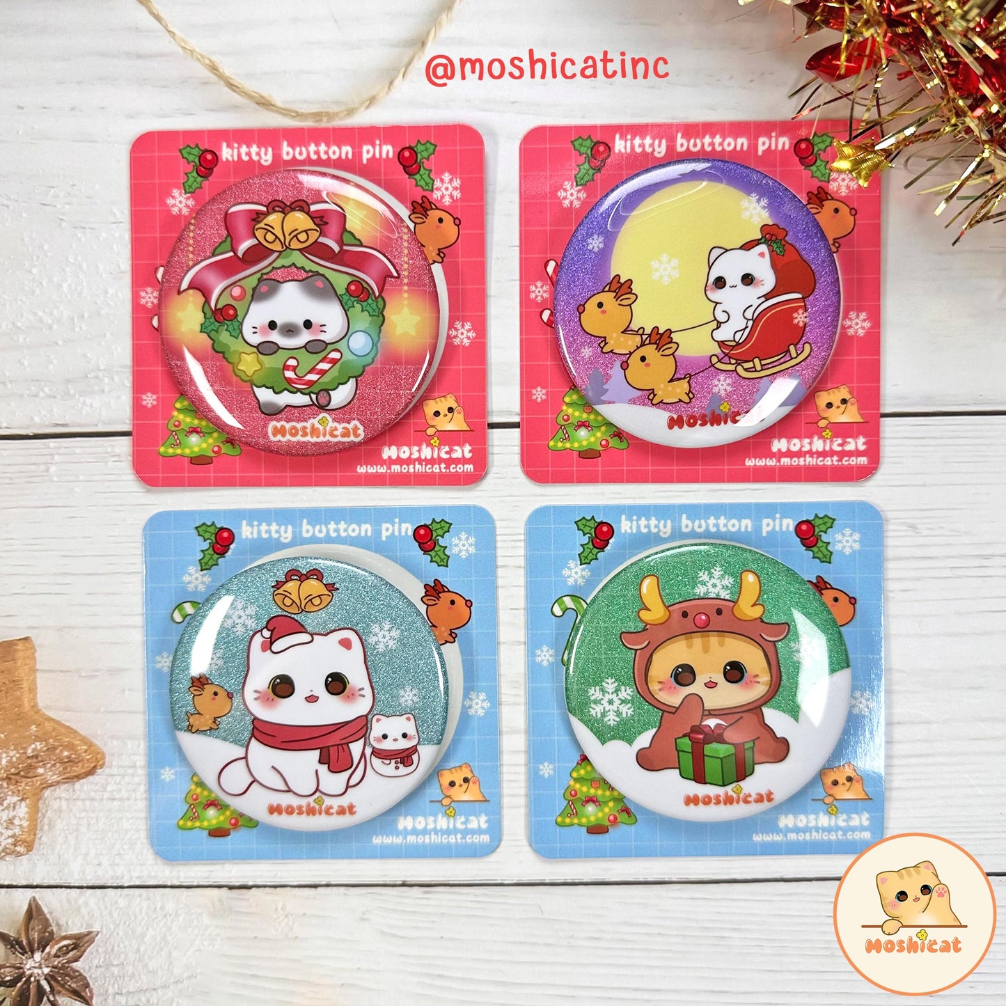 Snow kitty glitter badge / button pin