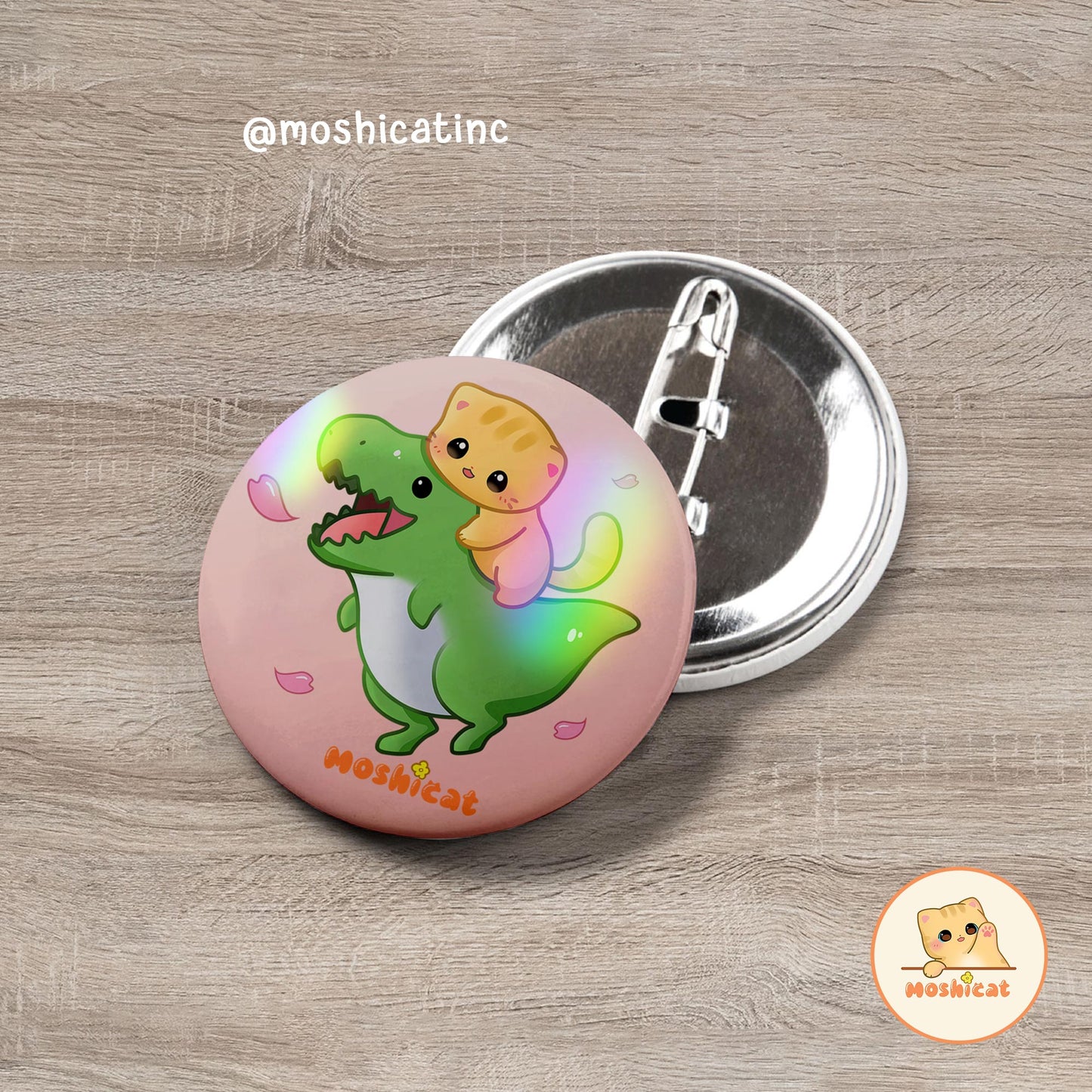 Cute kitty with dinosaur friend button pin / badge