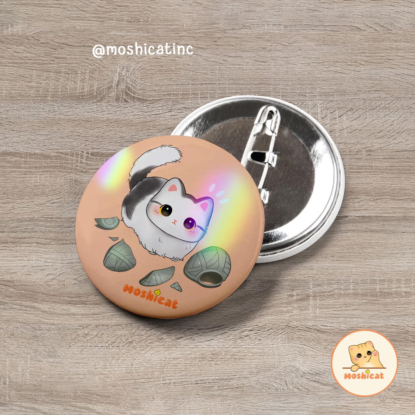 Cute kitty with broken vase button pin / badge