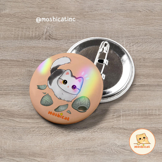 Cute kitty with broken vase button pin / badge