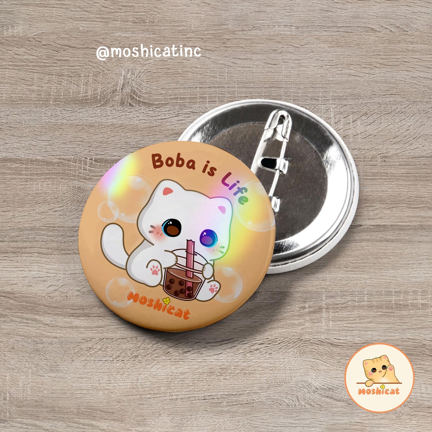 Cute cat bubble kit-tea 'boba is life' button pin / badge