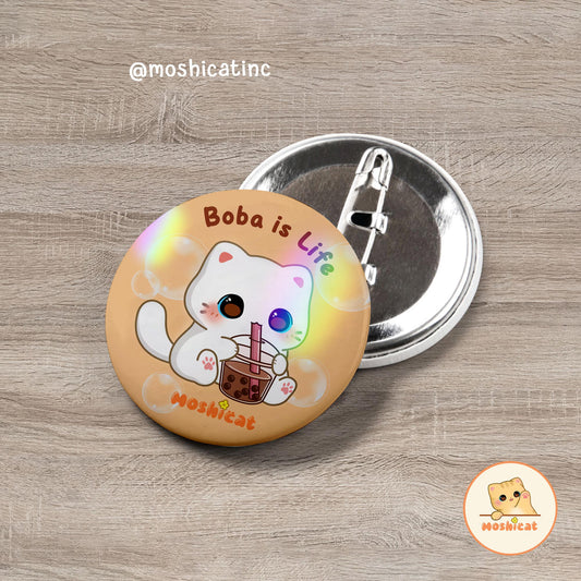 Cute cat bubble kit-tea 'boba is life' button pin / badge