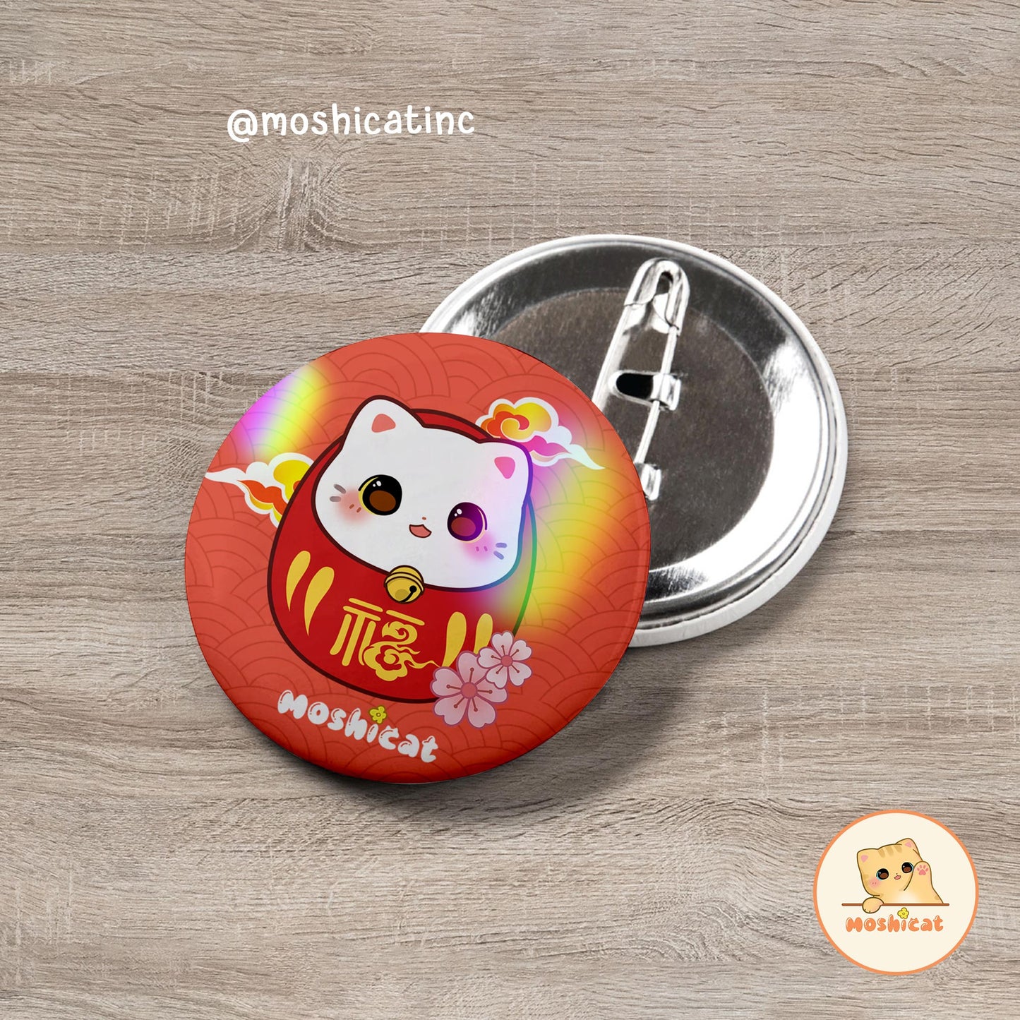 Kitty daruma button pin / badge
