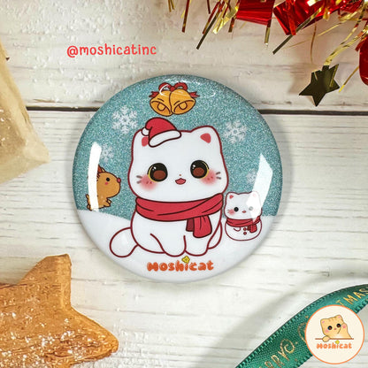 Snow kitty glitter badge / button pin