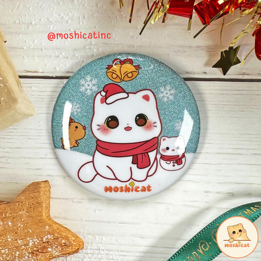 Snow kitty glitter badge / button pin