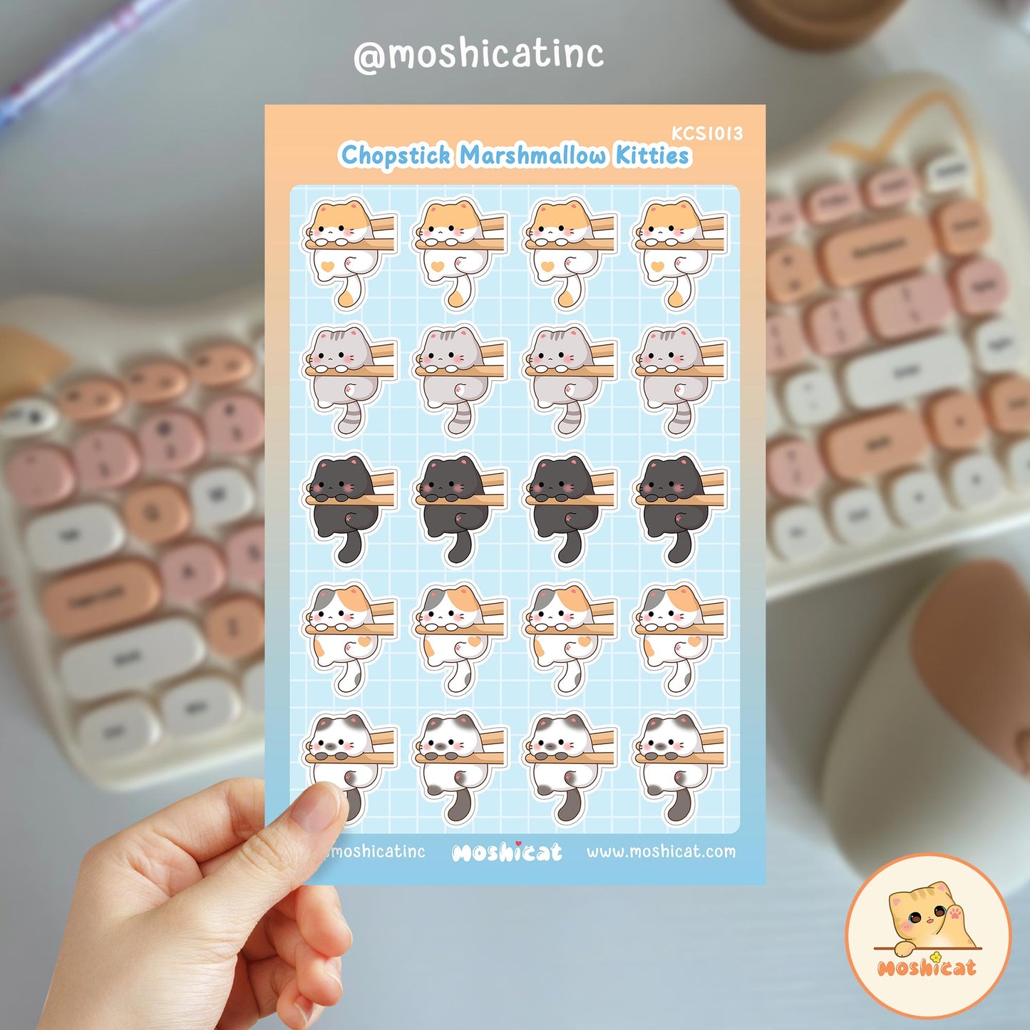 Moshicat chopstick marshmallow kitties glitter sticker sheet