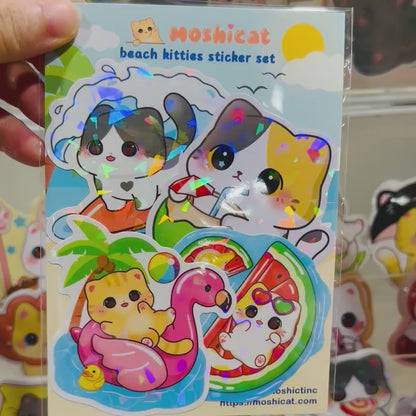 Beach kitties holographic sticker set of 4